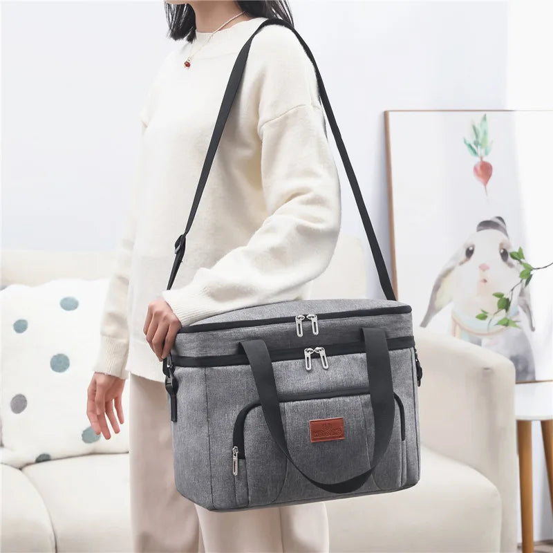 Double Layer Insulated Lunch Bag with Shoulder Strap – Large Capacity Picnic & Travel Tote