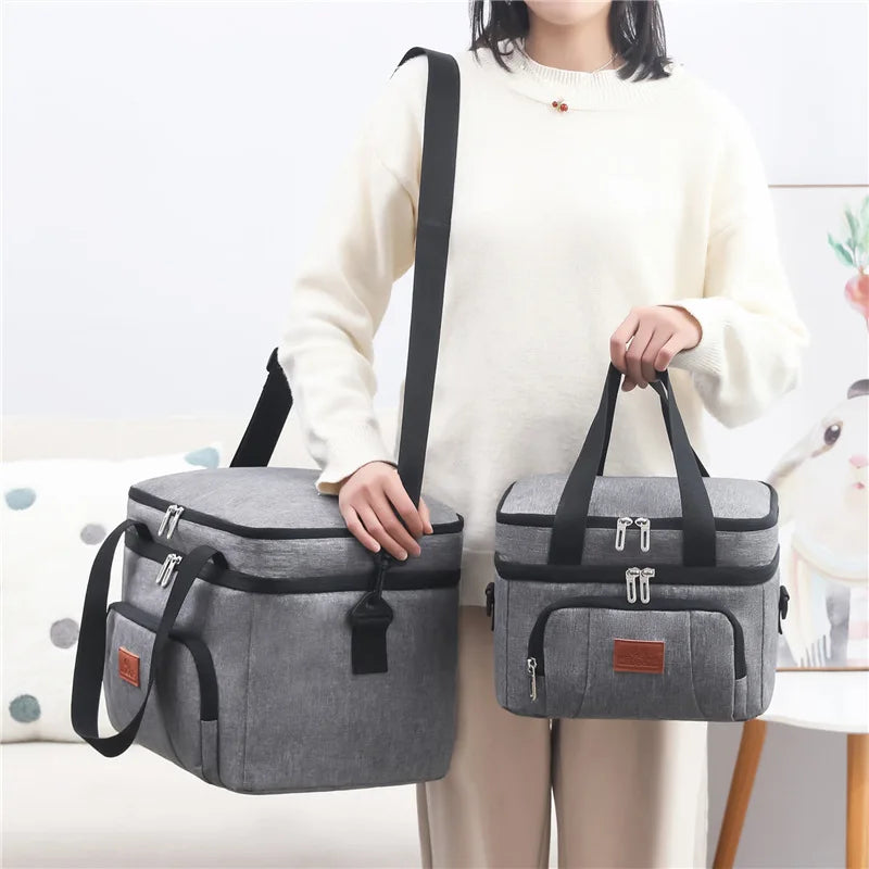 Double Layer Insulated Lunch Bag with Shoulder Strap – Large Capacity Picnic & Travel Tote